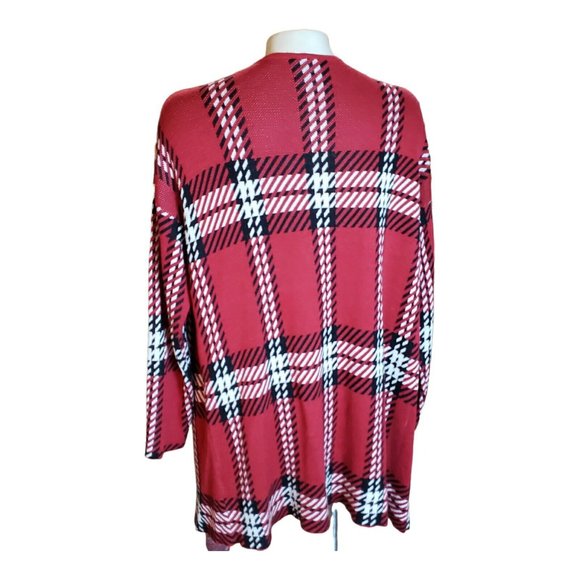 Plaid Cardigan Sweater Size L Black Red Long W No Buttons - Picture 4 of 8